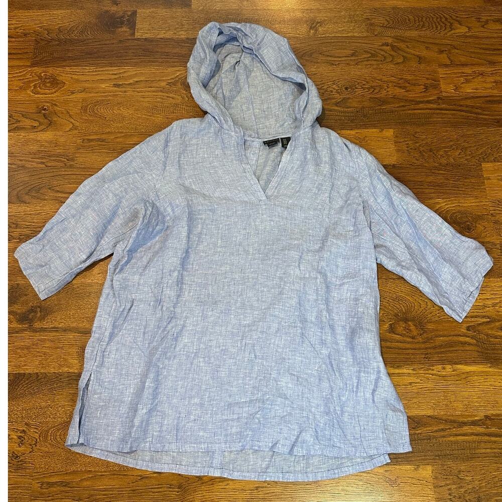 Tahari 100% Linen Hooded Tunic Top Women's 1X Light Blue Beach Cover Up